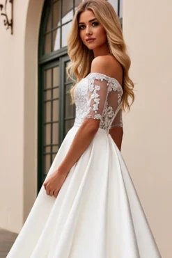 Vestidos de Noiva Marfim Linha-A Fora do Ombro Renda Longo