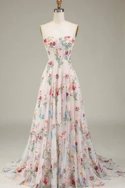 Vestidos de Noiva Marfim Tule Sem Alças Linha-A Longo Floral