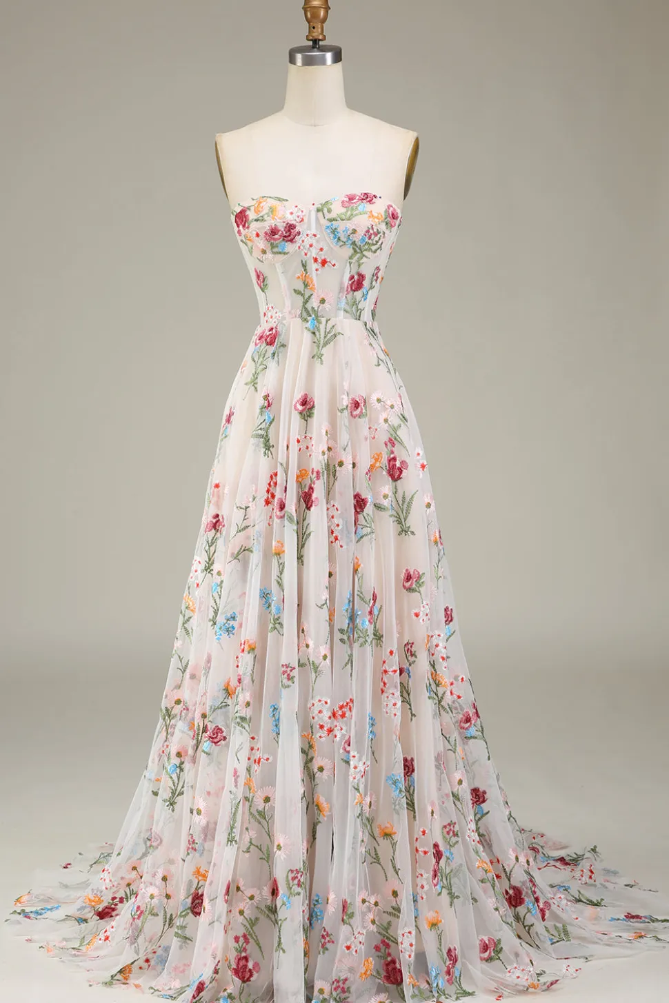 Vestidos de Noiva Marfim Tule Sem Alças Linha-A Longo Floral