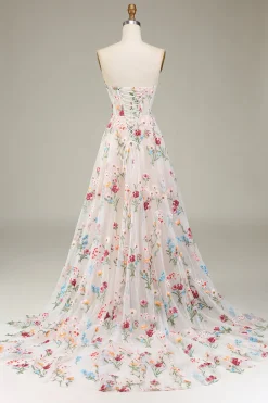 Vestidos de Noiva Marfim Tule Sem Alças Linha-A Longo Floral