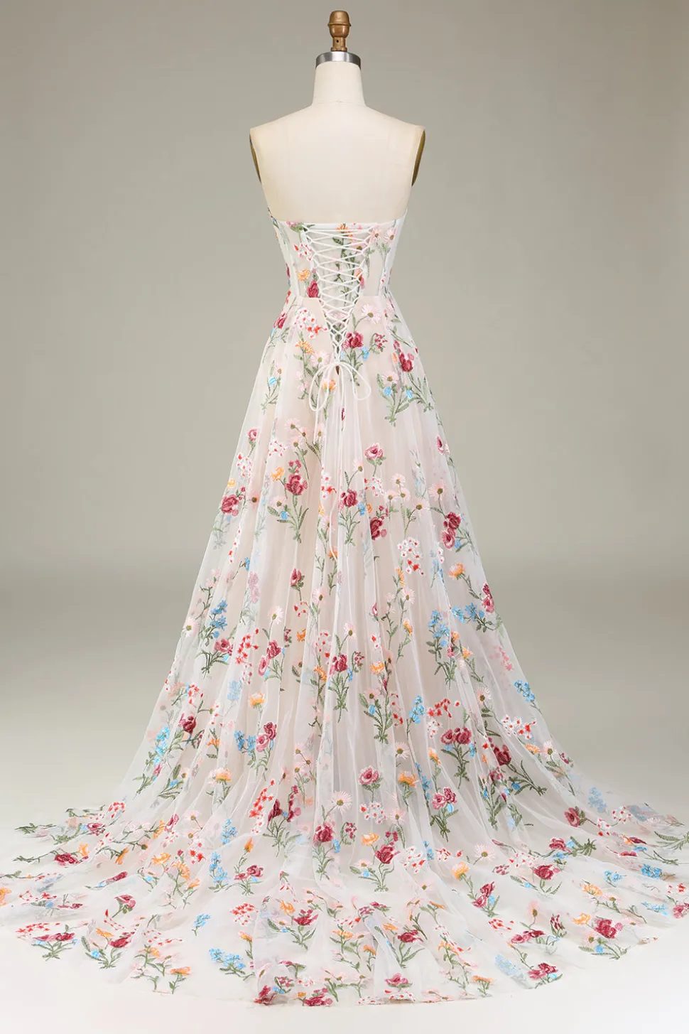 Vestidos de Noiva Marfim Tule Sem Alças Linha-A Longo Floral