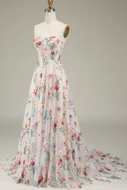 Vestidos de Noiva Marfim Tule Sem Alças Linha-A Longo Floral