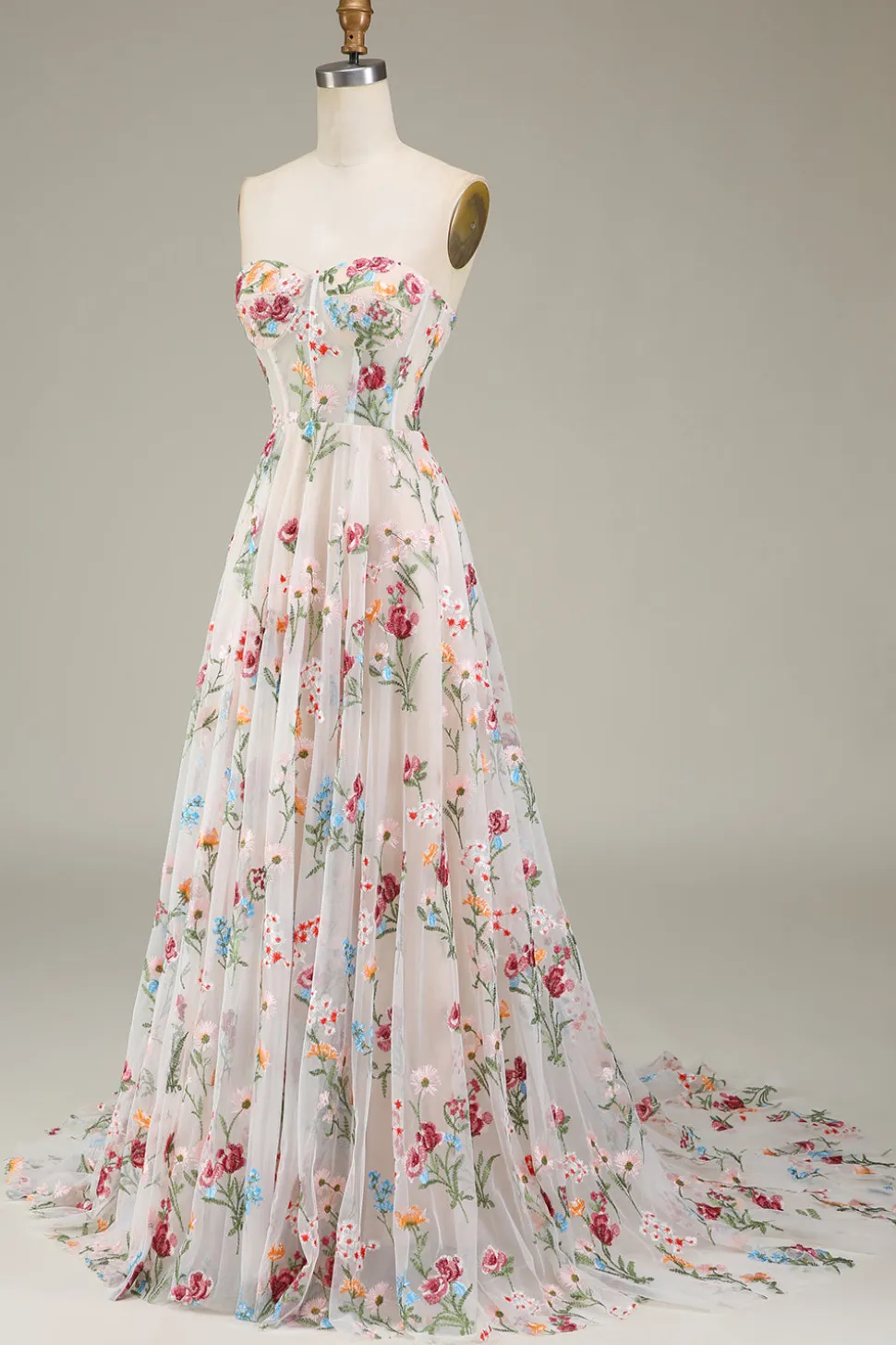 Vestidos de Noiva Marfim Tule Sem Alças Linha-A Longo Floral