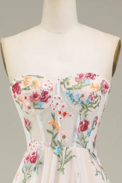 Vestidos de Noiva Marfim Tule Sem Alças Linha-A Longo Floral