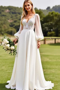Vestidos de Noiva Marfim Mangas Compridas Renda Longo Linha-A