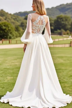 Vestidos de Noiva Marfim Mangas Compridas Renda Longo Linha-A