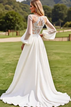 Vestidos de Noiva Marfim Mangas Compridas Renda Longo Linha-A