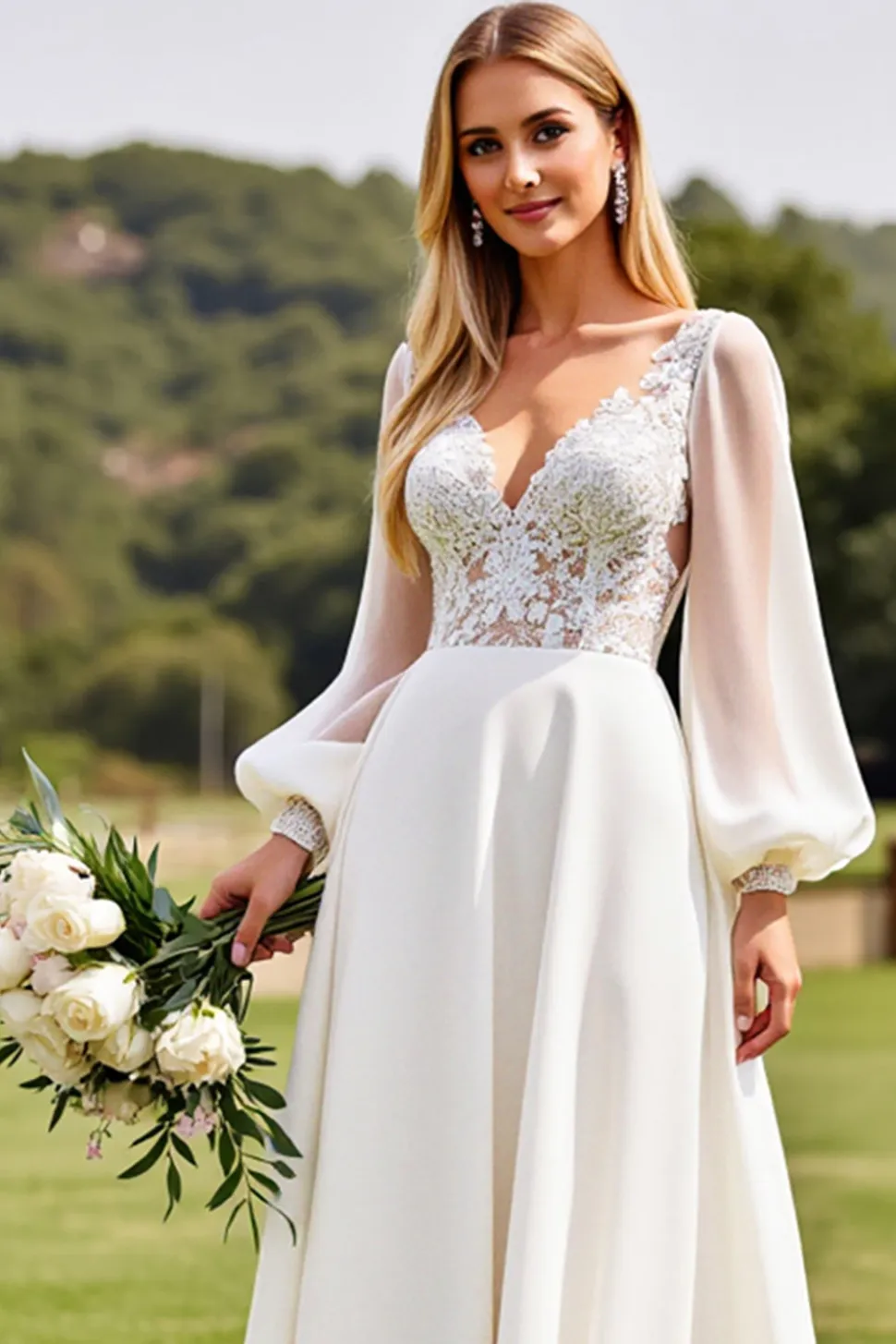 Vestidos de Noiva Marfim Mangas Compridas Renda Longo Linha-A