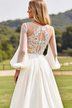Vestidos de Noiva Marfim Mangas Compridas Renda Longo Linha-A