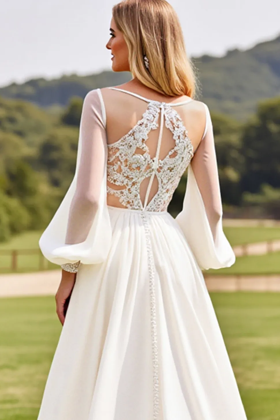 Vestidos de Noiva Marfim Mangas Compridas Renda Longo Linha-A