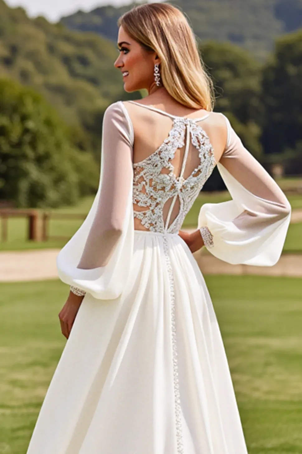 Vestidos de Noiva Marfim Mangas Compridas Renda Longo Linha-A