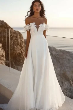 Vestidos de Noiva Marfim Fora do Ombro Linha-A Longo Apliques