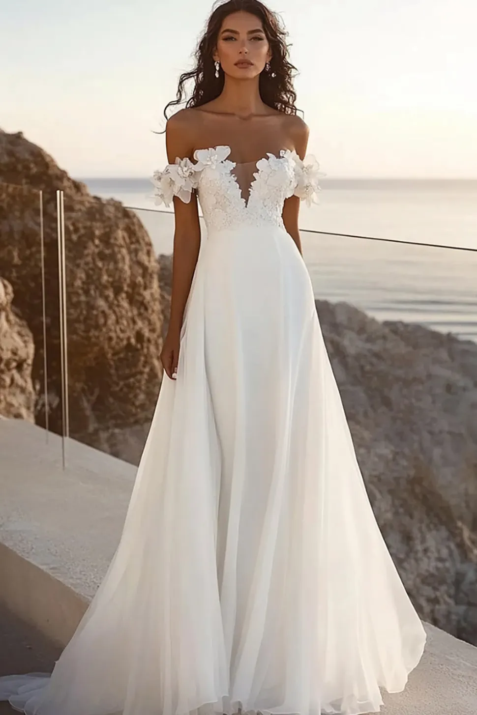 Vestidos de Noiva Marfim Fora do Ombro Linha-A Longo Apliques
