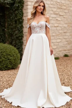 Vestidos de Noiva Marfim Linha-A Fora do Ombro Longo Renda