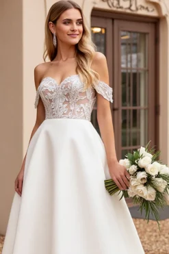 Vestidos de Noiva Marfim Linha-A Fora do Ombro Longo Renda