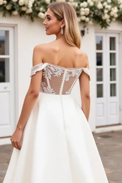 Vestidos de Noiva Marfim Linha-A Fora do Ombro Longo Renda