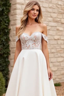 Vestidos de Noiva Marfim Linha-A Fora do Ombro Longo Renda