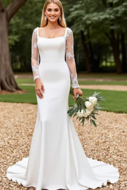 Vestidos de Noiva Sereia Renda Cetim Marfim Mangas Compridas