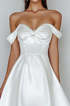 Vestidos Linha-A Fora do Ombro Cetim Curto Vestidinho Branco