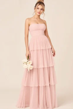 Vestidos Para Casamento Convidada Rosa Doce Sem Alças Babado Longo