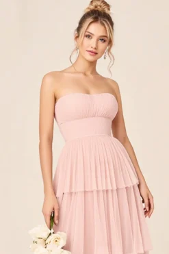 Vestidos Para Casamento Convidada Rosa Doce Sem Alças Babado Longo