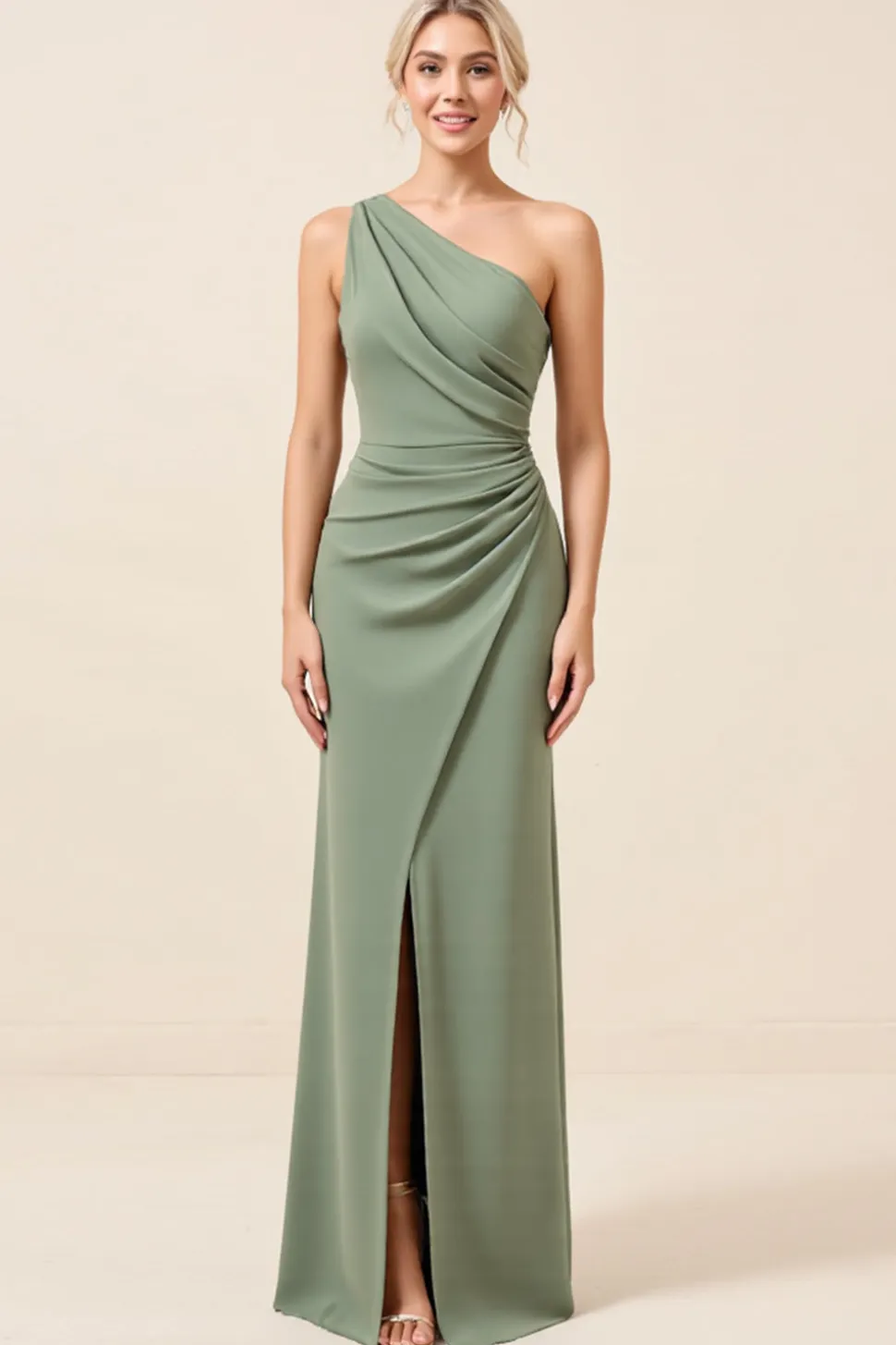 Vestidos Para Casamento Convidada con Fenda Matcha Um Ombro Chiffon Longo