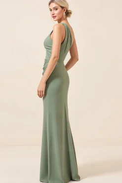 Vestidos Para Casamento Convidada con Fenda Matcha Um Ombro Chiffon Longo