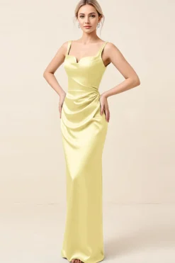 Vestidos Para Casamento Convidada Amarelo Cetim Ruched Longo Bainha