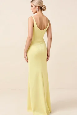 Vestidos Para Casamento Convidada Amarelo Cetim Ruched Longo Bainha