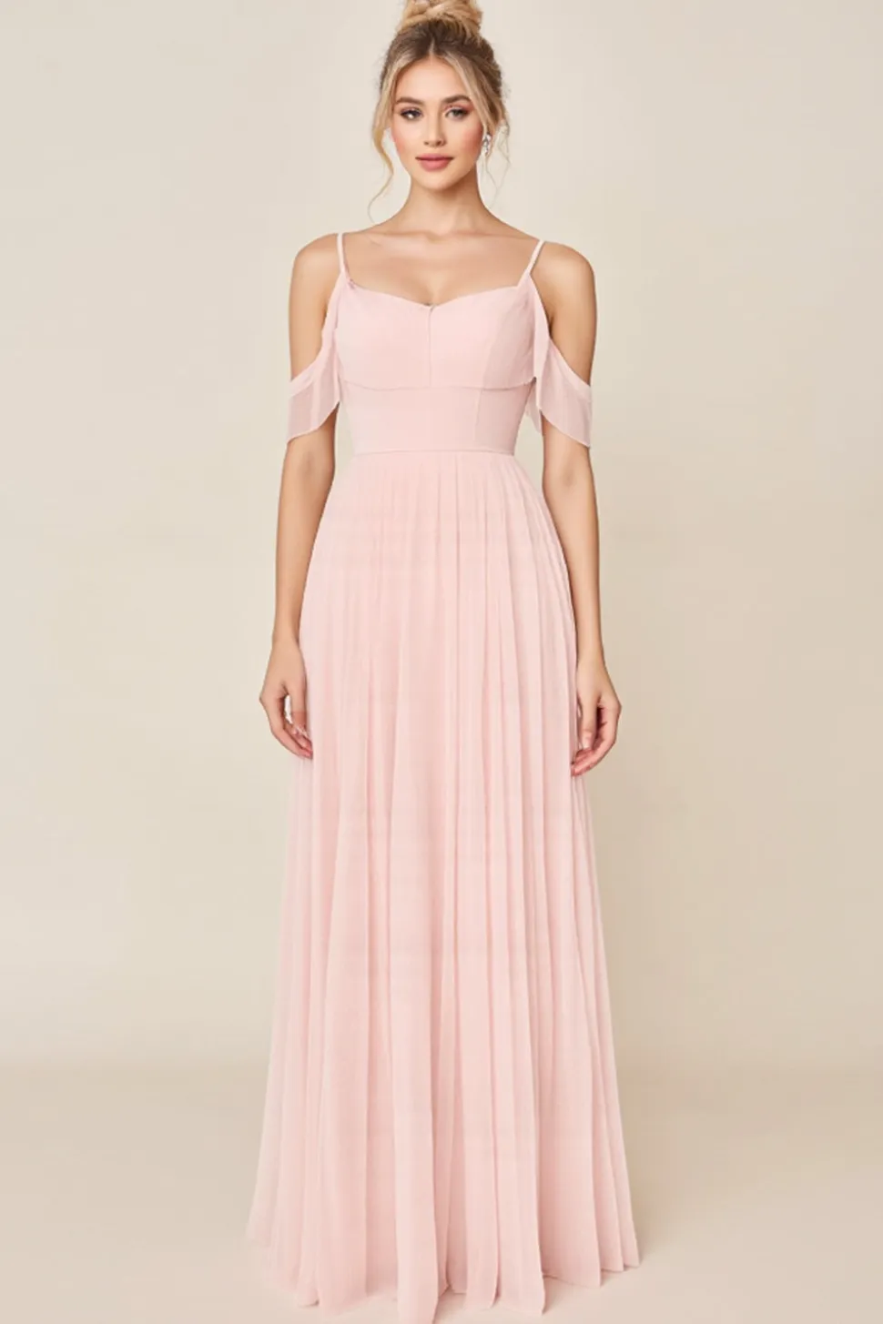 Vestidos Para Casamento Convidada Corar RosaLinha-A Ombro Frio Tule Longo