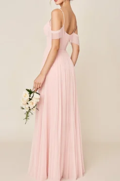 Vestidos Para Casamento Convidada Corar RosaLinha-A Ombro Frio Tule Longo