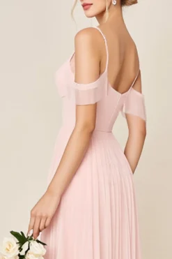 Vestidos Para Casamento Convidada Corar RosaLinha-A Ombro Frio Tule Longo