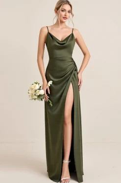 Vestidos Para Casamento Convidada com Fenda Bainha Azeitona Cetim Longo