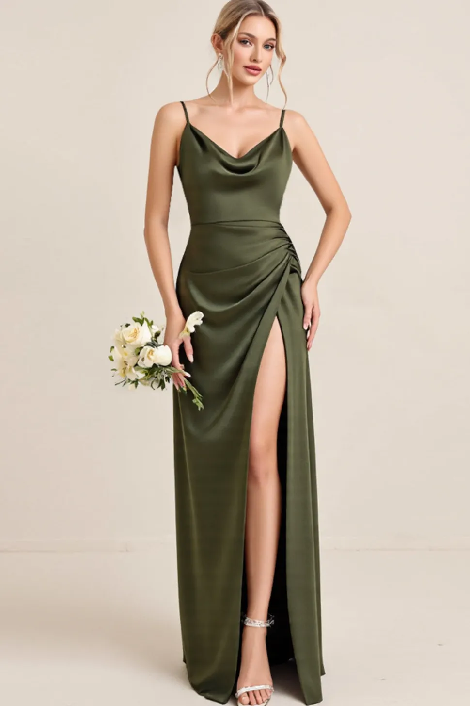 Vestidos Para Casamento Convidada com Fenda Bainha Azeitona Cetim Longo