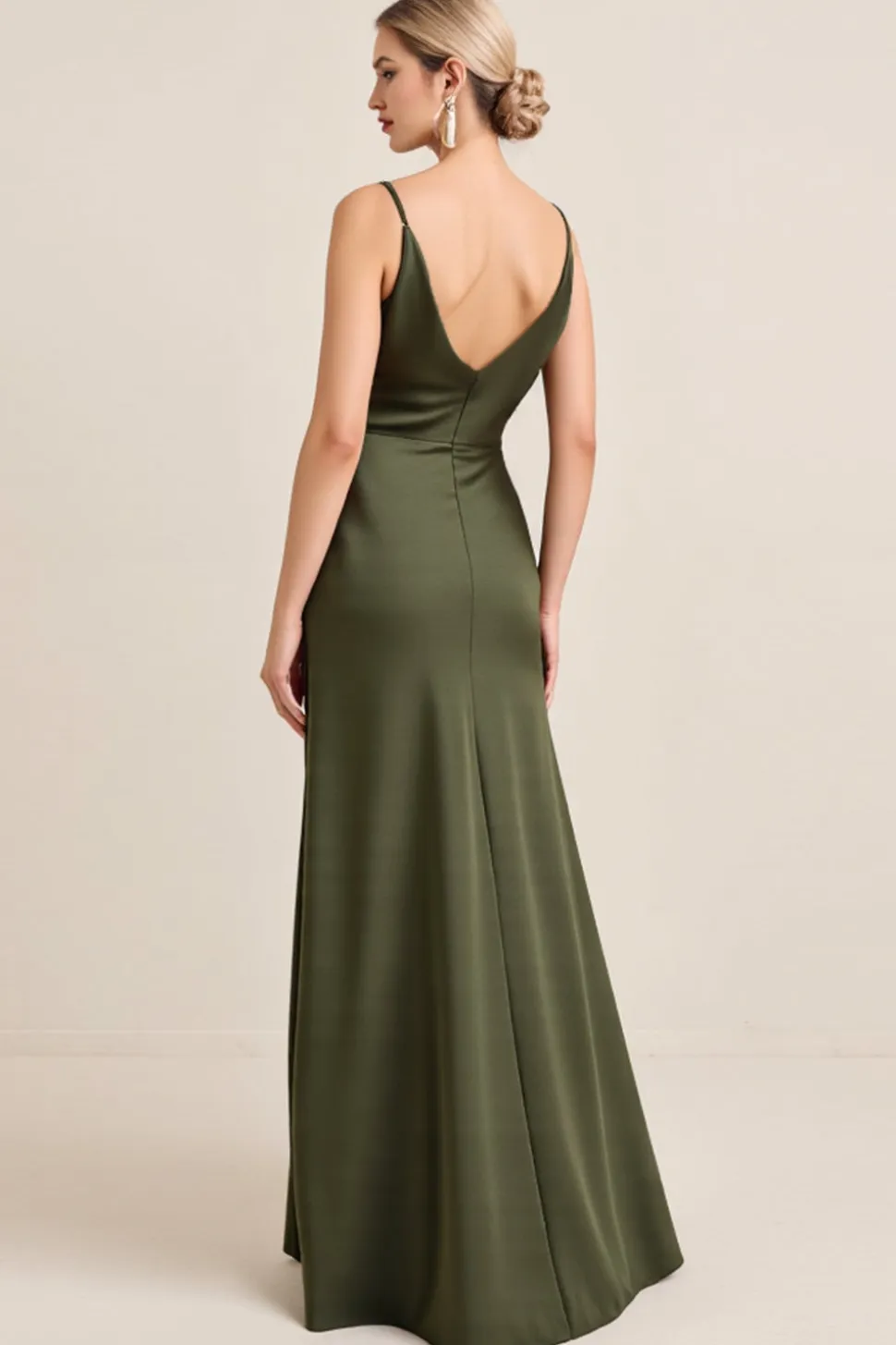 Vestidos Para Casamento Convidada com Fenda Bainha Azeitona Cetim Longo