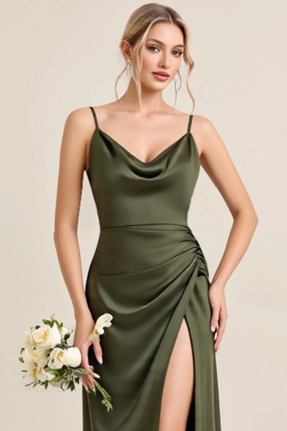 Vestidos Para Casamento Convidada com Fenda Bainha Azeitona Cetim Longo
