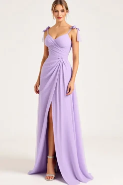 Vestidos Para Casamento Convidada com Fenda Lilás Ruched Chiffon Bainha Longo