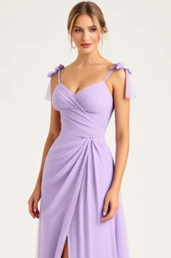 Vestidos Para Casamento Convidada com Fenda Lilás Ruched Chiffon Bainha Longo