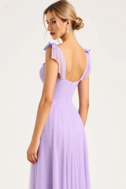 Vestidos Para Casamento Convidada com Fenda Lilás Ruched Chiffon Bainha Longo