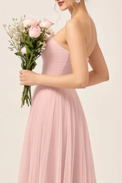 Vestidos Para Casamento Convidada Corar Rosa Linha-A Sem Alças