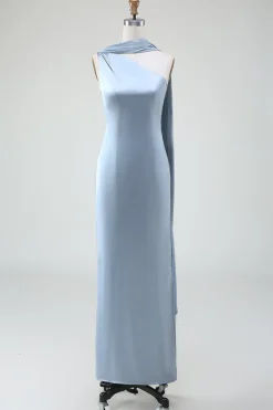 Vestidos Para Casamento Convidada Longo Cetim Bainha Azul Cinzento Um Ombro