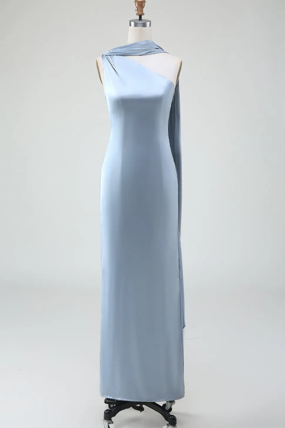 Vestidos Para Casamento Convidada Longo Cetim Bainha Azul Cinzento Um Ombro