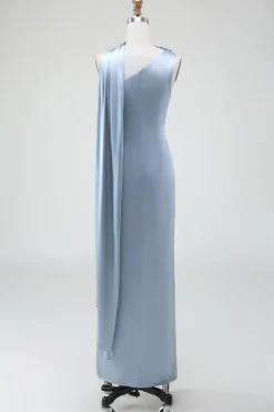 Vestidos Para Casamento Convidada Longo Cetim Bainha Azul Cinzento Um Ombro