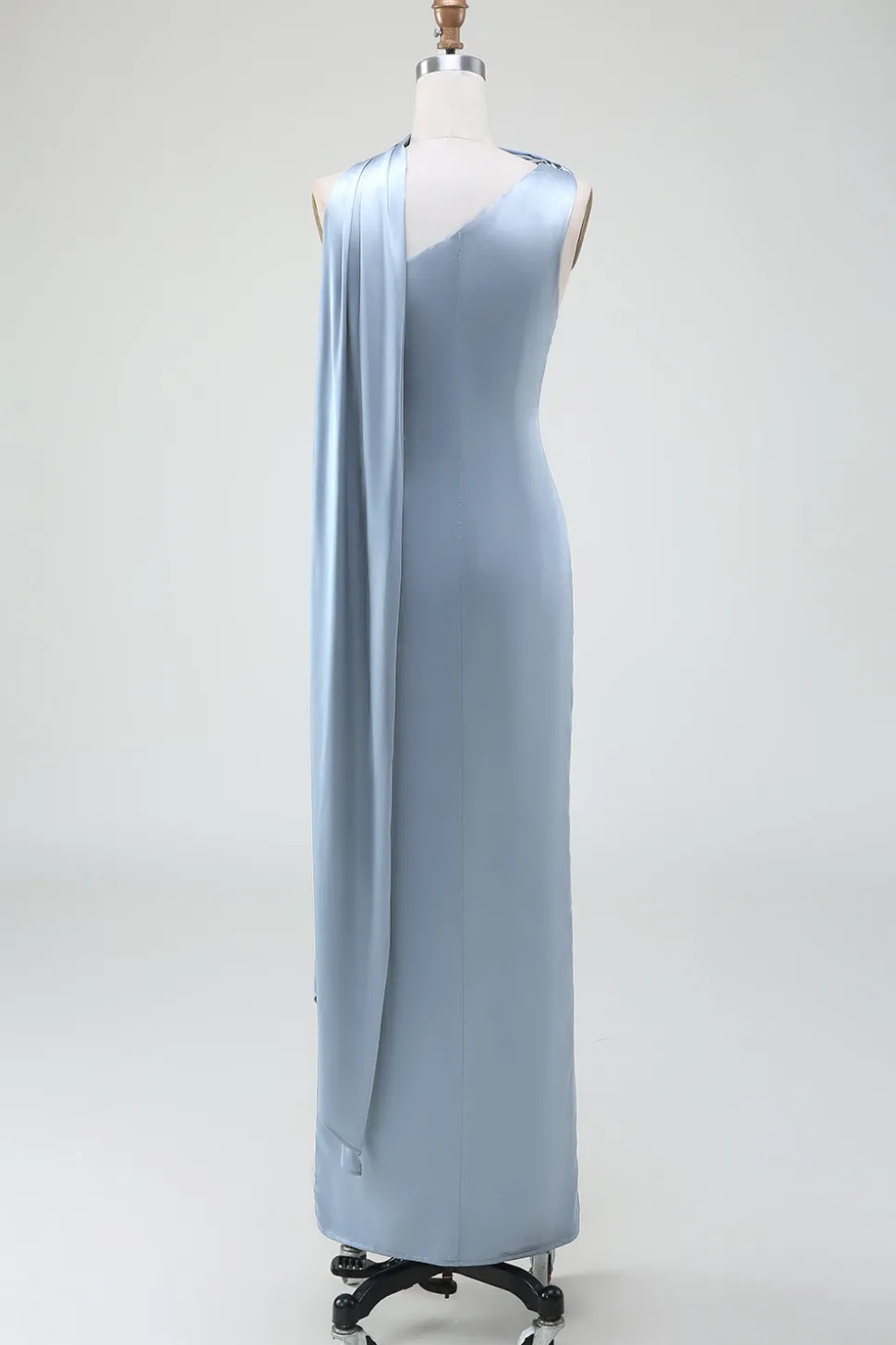 Vestidos Para Casamento Convidada Longo Cetim Bainha Azul Cinzento Um Ombro