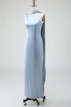 Vestidos Para Casamento Convidada Longo Cetim Bainha Azul Cinzento Um Ombro