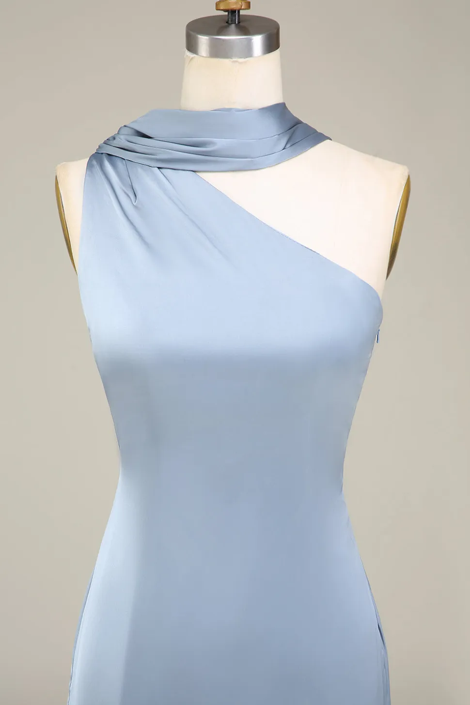 Vestidos Para Casamento Convidada Longo Cetim Bainha Azul Cinzento Um Ombro