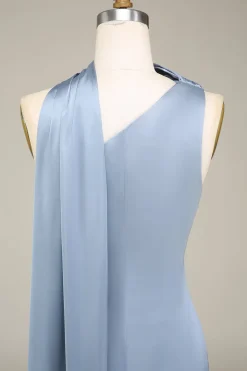 Vestidos Para Casamento Convidada Longo Cetim Bainha Azul Cinzento Um Ombro