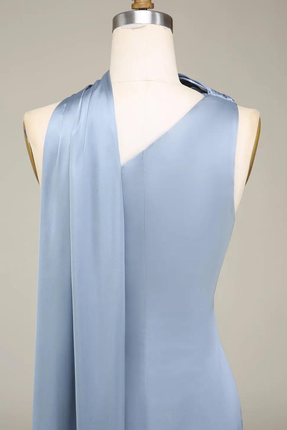 Vestidos Para Casamento Convidada Longo Cetim Bainha Azul Cinzento Um Ombro