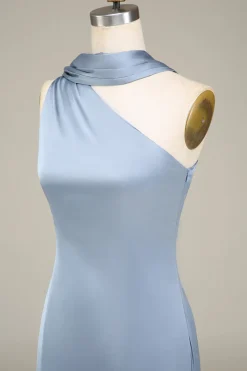 Vestidos Para Casamento Convidada Longo Cetim Bainha Azul Cinzento Um Ombro
