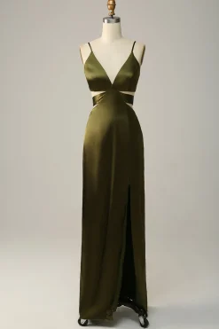 Vestidos Para Casamento Convidada Eucalipto Longo Decote em V Cetim